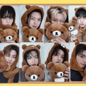 Twelve selfies of a person in a brown teddy-bear hoodie posing with a plush bear.