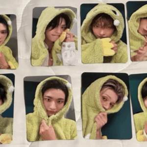 Collage of eight photos showing a person in a lime-green fuzzy hoodie, hood up, posing with different playful facial expressions and gestures.