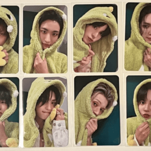 Person wearing a lime fuzzy hooded onesie in a photo collage, posing in various playful gestures.