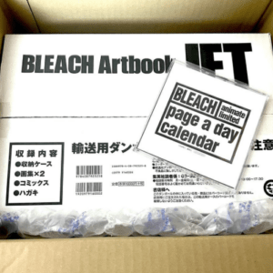 Inside a cardboard shipping box, Bleach Artbook packaging with a 'BLEACH page a day calendar' insert resting on top, with bubble wrap along the bottom edge.
