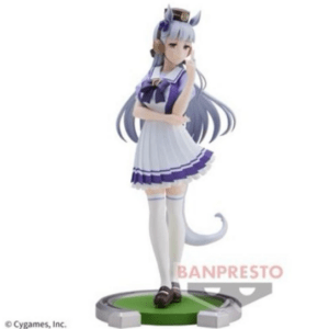 Anime-style cat-eared girl figure in a purple-and-white sailor uniform, standing on a green base (Banpresto statue).