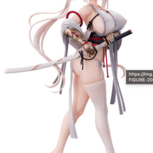Anime-style female action figure in a revealing outfit, holding a sheathed katana with white hair and high heels on a display stand