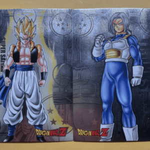 Dragon Ball Z poster showing two muscular fighters in battle stances against a dark, graphic background; left character in orange-and-blue outfit, right character in a blue bodysuit with white gloves and boots.