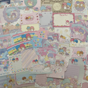 Collage of pastel Little Twin Stars stickers and memo notes with stars and ribbons, colorful and cute designs.