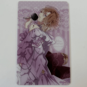 Anime-style figure in a lavender, frilly gown with roses, kissing a black rose against a pink lace background.