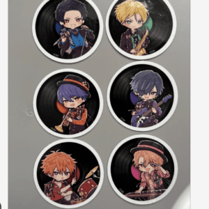 Six round chibi-style musicians on black vinyl records, each playing a different instrument against a gray background in a sticker set