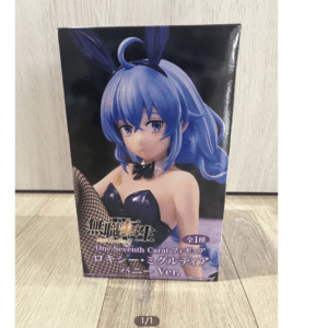 Boxed anime figure with a blue-haired girl in a black bunny outfit and fishnet stocking detail visible on the box front