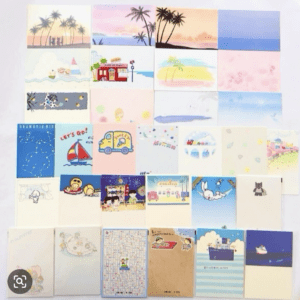 Colorful collage of assorted postcards laid out in a grid, featuring tropical scenes, boats, and cute illustrations.