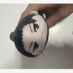 Soft plush head of a boy with black hair and brown eyes being held by a hand.