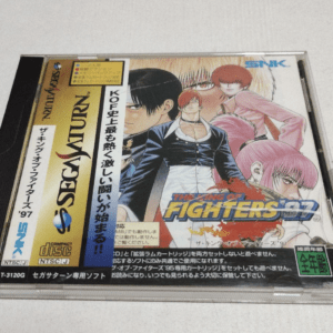 Sega Saturn game cover for The King of Fighters '97 with illustrated fighters on the front and Japanese text panels along the sides