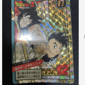 Holographic Dragon Ball Z trading card featuring young Goku and another character in action, with power level 12 displayed.