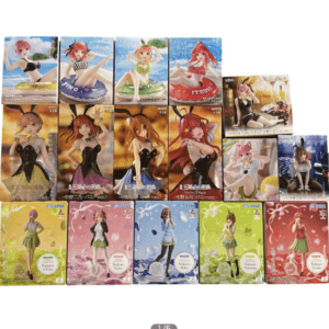 assortment of anime figure collectible boxes laid out in a grid, featuring female characters in swimsuits and outfits, with colorful packaging and character names visible across the boxes
