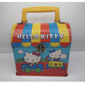 Colorful Hello Kitty lunchbox with yellow handle and bold striped lid that says HELLO KITTY on top.