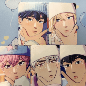 Collage of six anime-style male characters in winter hats on a pastel party backdrop.