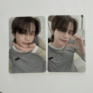 Two-panel selfie of a young person with brown hair in a gray shirt, posing with their chin resting on their hand in the left image and framing their face with fingers on the right.