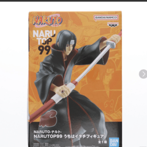 Boxed Naruto Top 99 figure featuring a character in a black cloak wielding a sword against an orange background, Bandai Namco logo visible.