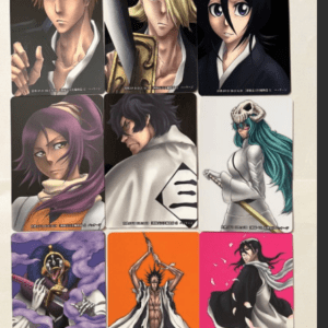Nine card-sized Bleach character illustrations arranged in a 3x3 grid, each showing a different shinigami in dramatic poses with varied hair colors and outfits.