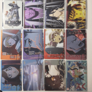 Grid of Bleach collectible cards featuring various anime characters in colorful poses, laid out in four rows and four columns.