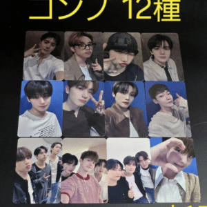 Twelve selfie-style photo cards of male K-pop idols arranged in a 4-by-3 grid on a dark surface.