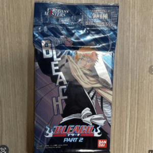 Bleach Part 2 booster pack featuring Ichigo Kurosaki in action, Bandai logo visible on blue packaging