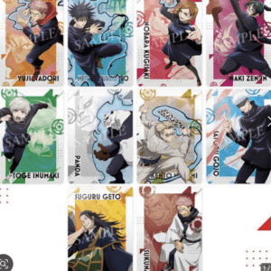 Grid of Jujutsu Kaisen character cards in action poses with colorful backgrounds.