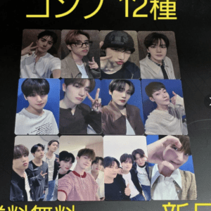 A 12-card set of K-pop group member photo cards, each showing a different member posing for selfies.