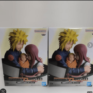 Two identical boxed Naruto Uzumaki figures from the 72 series on a shelf, packaging showing Naruto with a child and a woman; Bandai Namco logo visible.
