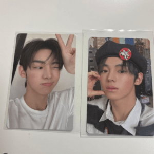 Two photo cards of a young man posing: left card with a wink and peace sign, right card with a beret and hand near the cheek indoors.