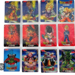 Grid of 12 Dragon Ball Z trading card sleeves arranged in a 4x3 grid, each with a different character in vibrant action poses.
