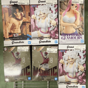 Six boxed anime figures on a store shelf (Grandista and MaxMatic lines) displayed on a metal rack.