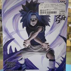 Boxed Naruto figure of Sasuke Uchiha in a dynamic crouch with purple energy swirls, Bandai Namco branding visible.  Articulos Japan (Post Box Japan)