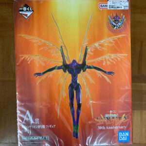 Box art for Evangelion figure on orange gradient background with a purple mecha in the center and wing-like energy bursts; includes '30th Anniversary' logo and 'BANDAI' brand mark.