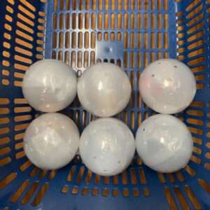 Six white plastic-wrapped spheres arranged in two rows inside a blue perforated basket.
