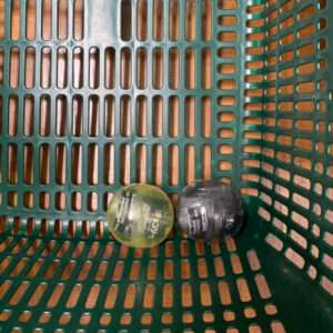 Two small labeled rubber balls (one yellow-green, one dark gray) sit inside a teal plastic shopping basket.