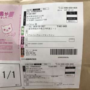 Shipping label on a cardboard parcel showing sender and recipient addresses, barcode, and tracking numbers.