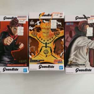 Three Banpresto Grandista boxed anime figures: Itadori Yuji (left), Naruto Uzumaki (center), and Shanks (right).