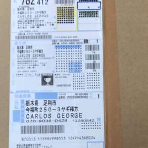 Cardboard box with multiple shipping labels and barcodes, including the name 'CARLOS GEORGE' and Japanese addresses.