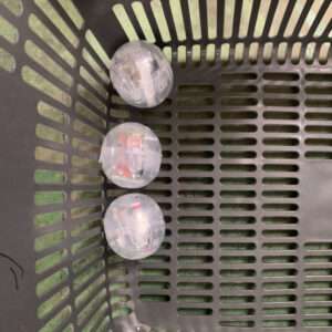 Three clear plastic capsules filled with assorted small items placed in a black perforated basket.