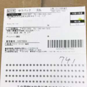 Close-up of a white shipping label on a brown cardboard box, with Japanese text, a barcode, a tracking number, and a block of asterisks.