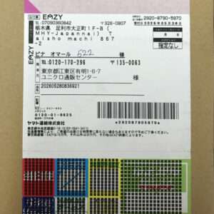 Japanese shipping label on brown cardboard showing sender/recipient info, a barcode, and a colorful grid pattern at the bottom.