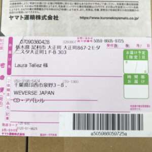 Delivery label on a cardboard box with recipient 'Laura Telez' and Japanese text, barcode at bottom, pink delivery sections and address lines visible