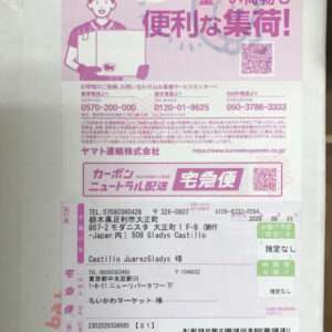 Delivery label on a parcel: pink panel with courier illustration, bold Japanese text, QR codes, and a recipient address block with a barcode at the bottom.