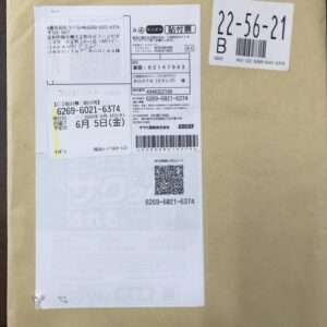 A brown padded envelope with two white shipping labels stamped on it, one overlapped label with Japanese text and numbers and a separate right-side label with a large barcode and 'B' block.