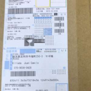 Parcel shipping label on a brown cardboard box with multiple barcodes, date stamps, and printed text in Japanese/English
