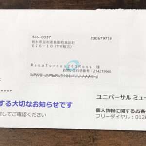 White envelope from Universal Music Group with the logo on the left, Japanese text and a barcode, lying on a wooden surface.