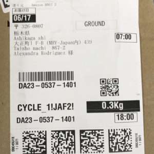 Shipping label on a box to Alexandra Rodriguez in Ashikaga, Tochigi, Japan; 0.3 kg; with barcodes and QR codes.