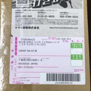 Cardboard parcel with a pink Japanese shipping label, showing recipient name DANAË SALAS, address fields, a barcode, and a green delivery box; QR code and carrier logo above.