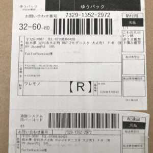 Two Japanese shipping labels with barcodes, tracking number 7329-1352-2972, Japanese addresses and text, a large 'R' symbol, and various postage fields.