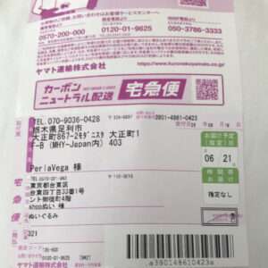 Shipping label with Japanese addresses, barcode, and a green delivery date box on pink background icons and text blocks.