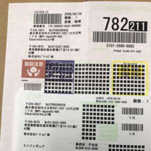 Parcel shipping label showing sender and recipient addresses, date, and multiple barcodes on a package signage area.